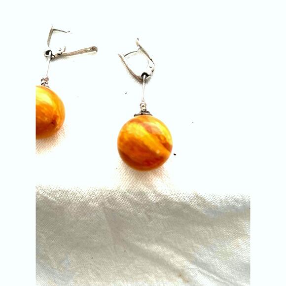 Vintage Baltic Amber Drop Earrings Honey amber Orb dangle sterling silver - Picture 7 of 9